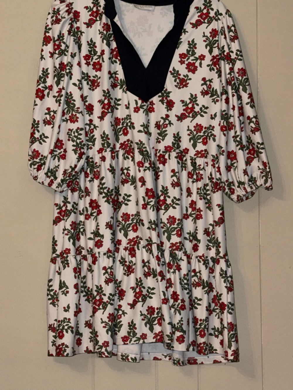 Floral Tiered Long Sleeve Dress with Black V-Neck